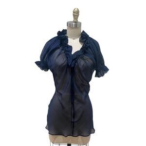 Silk Chiffon Sheer Blouse Womens 2 Navy Blue Ruffle Neck Tunic Top Short Sleeve
